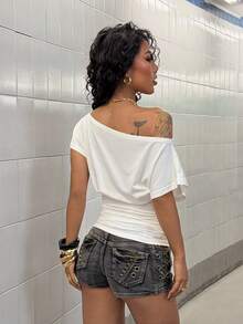 StreetHx Women's New Oblique Shoulder Short Sleeve Fitted T-Shirt, White Top, Spring/Autumn - White - View 2