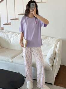 SHEIN Teen Girl Purple Summer Casual Loose Fit Short Sleeve & Long Pants Set,Lavender Tulip & Graffiti All-Over Print,Family Matching Graduation Soft - Mauve Purple - View 5