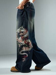 ROMWE MEN Street Life Men's Casual Washed Dragon Pattern Tiger Embroidery Wide Leg Jeans - Blue - View 6