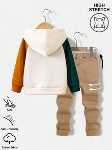 SHEIN 2 件套年轻男孩休闲可爱图案插肩宽松连帽衫和修身裤两件套服装，适合秋冬穿着 - 彩色 - 查看 2