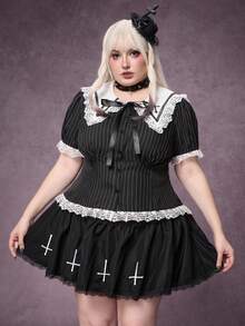 ROMWE Goth 大码女式条纹修身腰部蕾丝拼接领交叉短袖衬衫 - 黑色 - 查看 2