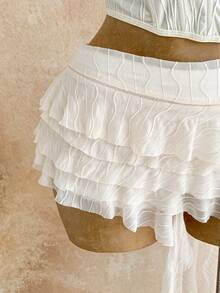 Soleia 新款优雅甜美粉色纯色低腰层叠荷叶边不对称下摆半身裙，沙滩度假裙，荷叶边下摆半身裙，可爱夏日半身裙，波西米亚风，浪漫碎花，度假，派对、约会、情人节、复活节、狂欢节、下午茶、海滩、邮轮、城市度假等场合皆宜 - 白色 - 查看 6