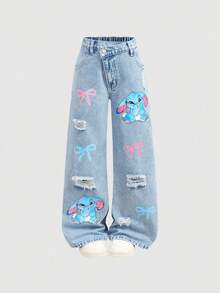 SHEIN Girlism 少女Y2K休闲春夏浅色水洗可爱卡通兔子图案不对称腰阔腿牛仔裤，适合冬季、新年、圣诞节、街头复古风、春假度假穿着，舒适百搭，适合8-12岁女孩，适合上学、居家和旅行，贴袋宽松休闲百搭牛仔裤，感恩节 - 淺色水洗藍 - 查看 3