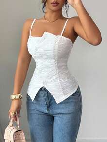 Elenzga 女士春夏新款法式复古优雅通勤休闲日常白色吊带背心，腰部收紧，侧边开衩，高品质纹理面料 - 白色 - 查看 6