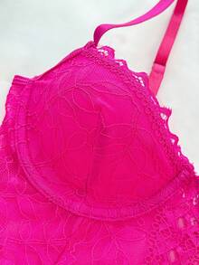 SHEIN Floral Lace Underwire Garter Corset Lingerie Set With 1pair Stocking - Hot Pink - View 5