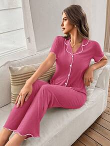 SHEIN Women's Classic Simple Style Lapel Open Front Ruffle Trim Lightweight Knit Fabric Short Sleeve Top And Pants, Casual Loungewear 2 Pieces Set - Hot Pink - View 3