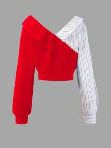 2件套 女士及少女时尚优雅通勤套装，纯色条纹衬衫+宽松阔腿裤 - 紅色 - 查看 4