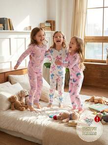 Bộ 2 món/Bộ áo thun dài tay cổ tròn và quần dài cho bé gái, họa tiết bướm, vải dệt kim, bộ đồ ngủ co giãn thoải mái vừa vặn - Nhiều màu - Xem 3
