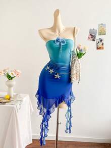 Soleia Vestido mini con tirantes con estampado de flores y medusas, adecuado para vacaciones, festivales de música, estilo bohemio, días festivos, citas, meriendas - Azul - Ver 8