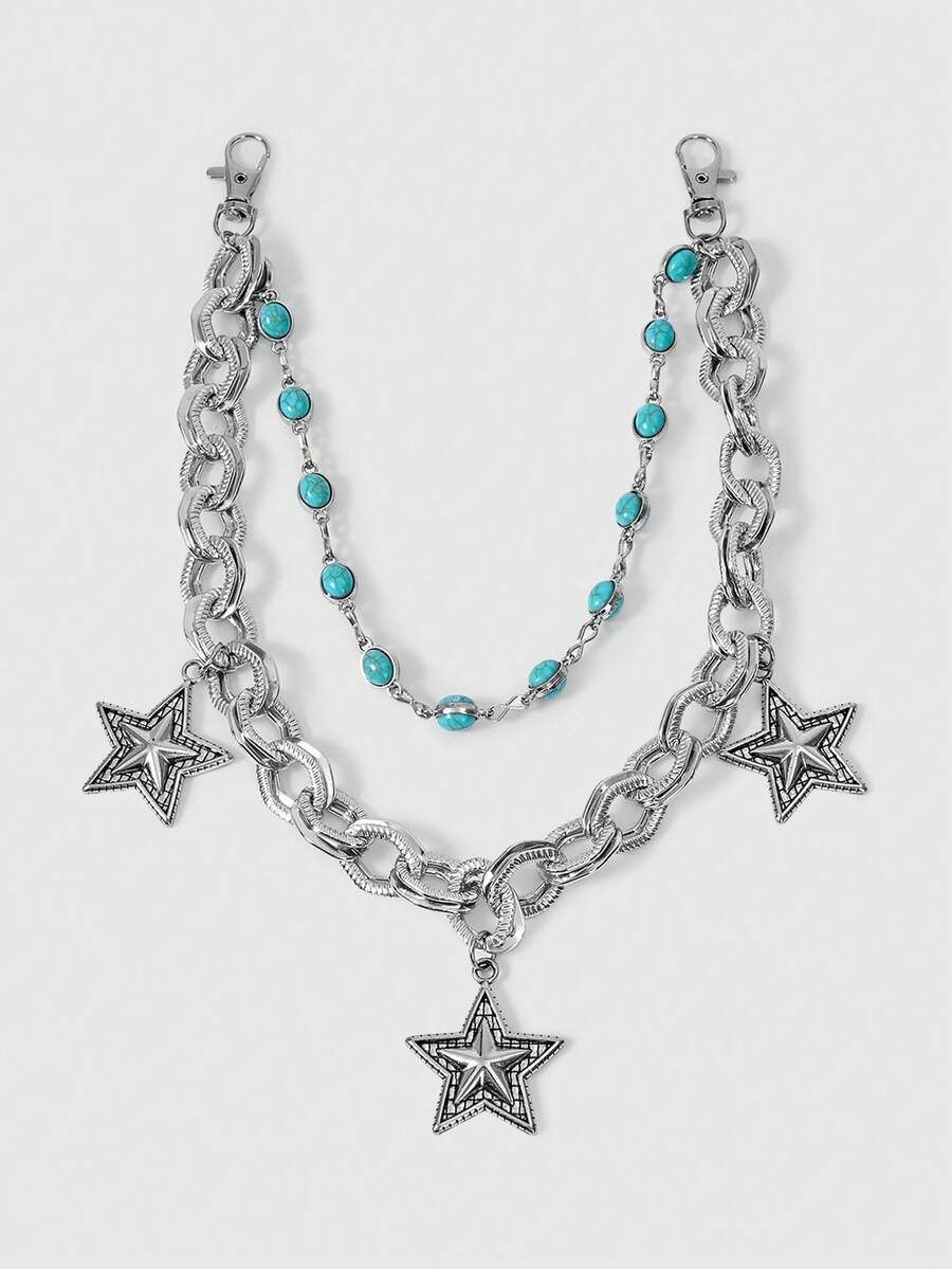 ROMWE Grunge Punk 1pc Women Star Decor Layered Trouser Chain - Silver Turquoise Star Trousers - View 1