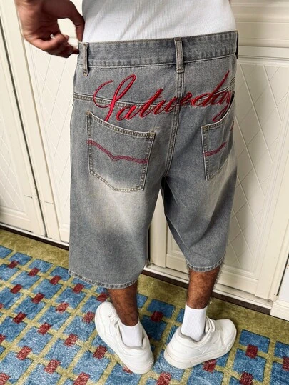 Manfinity EMRG Pantalones cortos de mezclilla rectos bordados para hombres