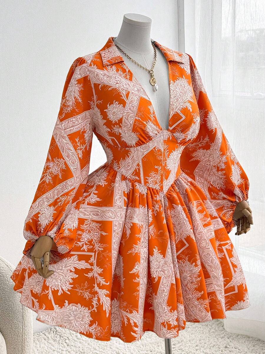 Sweetra 大码女式碎花印花收腰长袖优雅休闲度假衬衫裙 - 橘色 - 查看 1