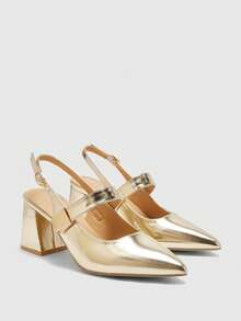CUCCOO BIZCHIC Women's Fashion Apricot Color Metal Buckle Decor Chunky Heels Pumps, Classic Minimalist Design For Commuting, Dating, Party, Holiday, Wedding Valentine's Day Spring Shoes - Gold - View 7