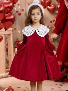 Elladie kids Girls' Elegant Holiday Dress, Peter Pan Collar, Lace Trim Double Layer Collar, Suitable For Christmas, Halloween, Party, Birthday Gift, Red