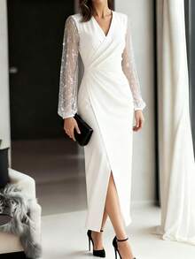 Balvessa 女士修身腰部拼接网纱箔面短裙 - 白色 - 查看 3