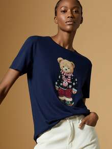 Briarwyn Casual Women's Navy Blue Short Sleeve Round Neck T-Shirt Featuring A Festive Bear Print - Navy Blue - View 3