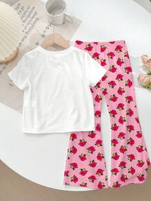 SHEIN 2件套女童休闲卡通月亮、星星和花朵图案圆领短袖上衣和喇叭裤套装，适合夏季穿着 - 彩色 - 查看 3