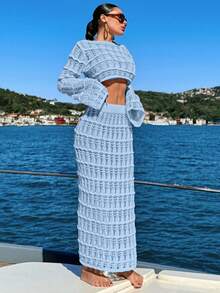 2pcs Crochet Jacquard Hollow Out Loose Fit Cover Up Set - Baby Blue - View 4