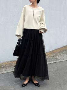 FRIFUL Bộ 2 váy xếp tầng bằng vải lưới phối màu tương phản dành cho nữ. - màu đen - Xem 2