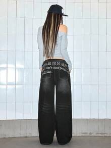 ROMWE Grunge Punk Y2K Baddie Street Style Chinese & English Slogan Embroidered Loose Wide-Leg Jeans For Women - Black - View 8