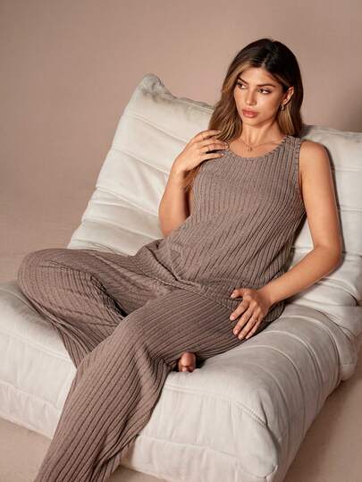 SHEIN Soft & Skin-Friendly Rib Knit Tank Top And Pants Loungewear Set, Plus Size