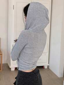 DAZY Women Hooded Zip-Up Jacket, Long Sleeve Short Crop Top - Grey - View 2