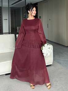 Dazy Plus Valentine Shiny Patchwork Ruffle Hem Maxi Party Dress, Wine Red, Spring/Summer - Burgundy - View 3
