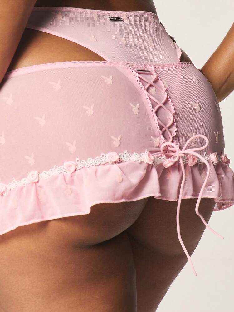 Missguided x Playboy Lace Trimmed Bra And Ruffled Skirt And Panty Set With Bow Tie Details For Intimate Occasions