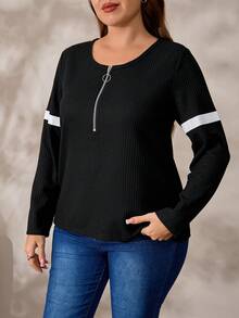 EMERY ROSE Plus Size Women Contrast Zipper Half Placket Long Sleeve Pullover Top,Black And White,Autumn,Smart Casual,Vacation Winter Casual Black Tops For Women - Black - View 5