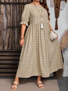 EMERY ROSE Plus Size Women Loose Plaid Puff Sleeve Casual Dress - Yellow - View 3