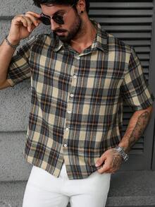 Manfinity Homme Plus Size Men's Casual Plaid Print Short Sleeve Shirt