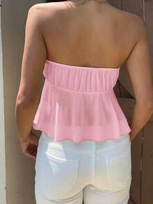 MainGRL Damen Gewebtes Gerafftes Vorder-Bindeträger-Top, Einfarbig - Pink - Übersicht 2