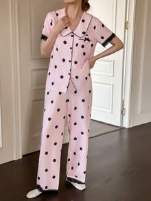 SHEIN Napfluff 仿丝绸波点饰边开衫睡衣套装 - 粉色 - 查看 4