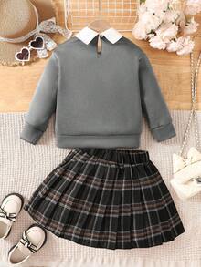 少女休闲时尚韩版套装，白色翻领纯色长袖卫衣搭配棕色百褶裙，两件套，适合秋冬季节、返校季穿着，甜美优雅的学院风休闲装，适合日常穿着、上学、拍照、聚会等场合。少女服装套装，校服，裙子和衬衫，适合青少年女孩。灰色校服，制服，秋冬季服装。 Bear 工装连帽衫，翻领，裙子和衬衫套装。 - 灰色 - 查看 2