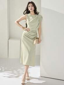 Heiryn Vestido de longitud media con cintura fruncida de unicolor elegante para uso diario de mujer - Verde - Ver 7