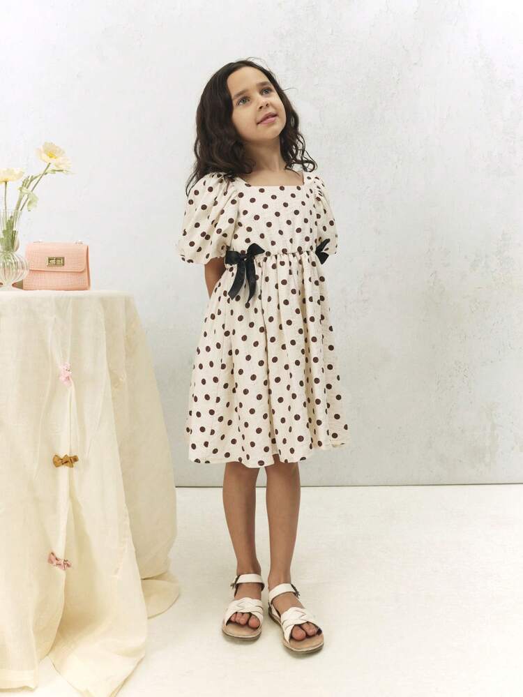 Polka Dot Puff Sleeve Midi Dress With Bow Belt