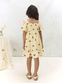 SUMWON Mädchen Kirschblüten-Muster Kleid mit Rüschenärmeln, Empire-Taille und Rüschensaum, perfekt für Frühling Sommer Lässig Lässig, festliche Anlässe, Urlaub - Gelb - Übersicht 2