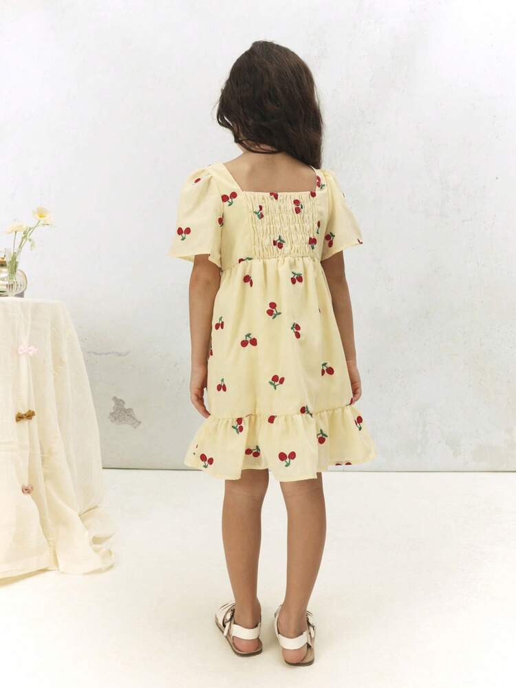 Cherry Print Flutter Sleeve Dress With Ruffles