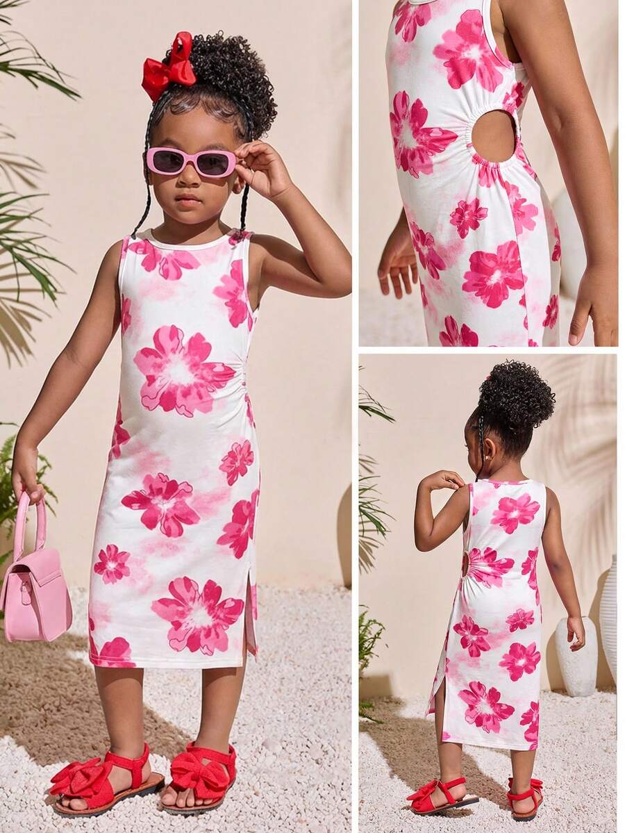 Young Girl Tropical Fashion Fuchsia Round Neck Waist Cutout A-Line Dress - Multicolor - View 1