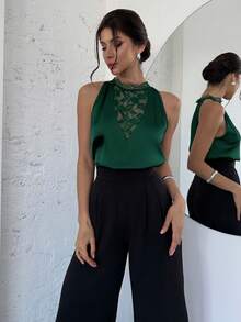 Firerie Elegant Romantic Sexy Party Date Black Lace Splice Tone Halter V-Neck Satin Commuter Blouse, New For Valentine's Day - Dark Green - View 4