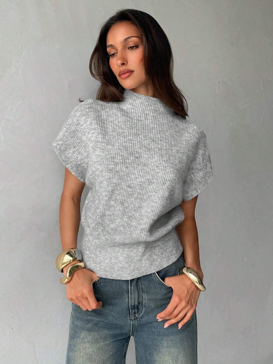 Aloruh Basic Gray Batwing Sleeve Casual Knit Top - Grey - View 1