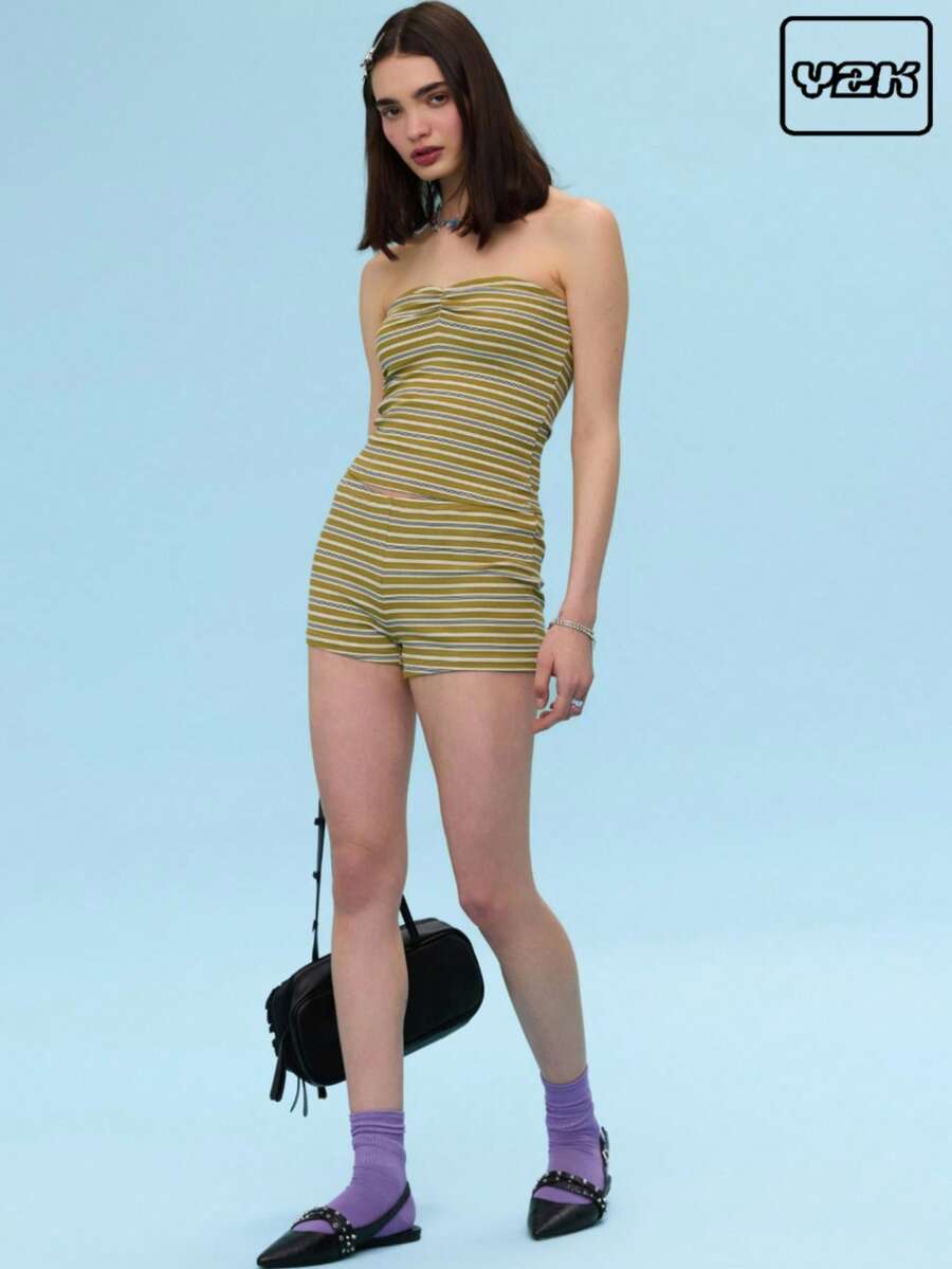 COUREZ Quần short siêu ngắn kẻ sọc, quần short mùa hè cho nữ, quần short mùa xuân hè, phong cách Y2K, phong cách vintage thường ngày. - Nhiều màu - Xem 1