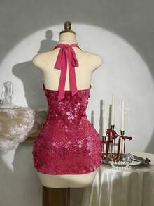 Elamini Đầm dự tiệc ngắn gợi cảm đính hạt, buộc dây dành cho nữ, thích hợp cho mùa Thu/Đông. - Màu Hồng Tươi - Xem 2