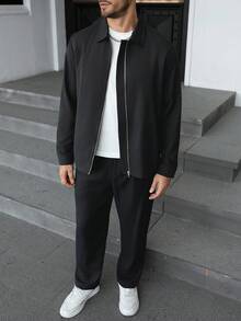 Manfinity CasualCool 男士纯色翻领拉链夹克搭配抽绳腰长裤休闲通勤套装 - 黑色 - 查看 5