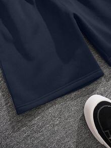 RueChic Men's Casual Letter Print Drawstring Waist Shorts, Summer - Navy Blue - View 5