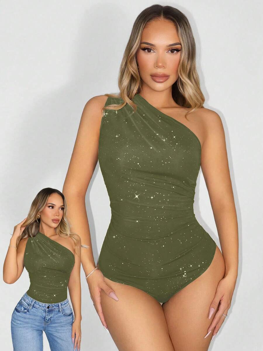 Zolique Solid Color Oblique Shoulder Fitted Sleeveless Bodysuit, Summer - Army Green - View 1