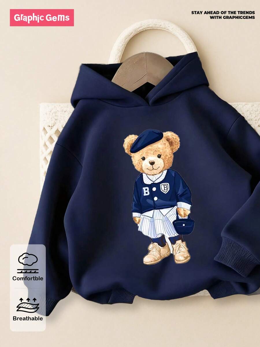GraphicGems 1件少女海军蓝泰迪熊图案抓绒卫衣，可爱套头衫，适合秋冬季穿着 - 藏蓝色 - 查看 1