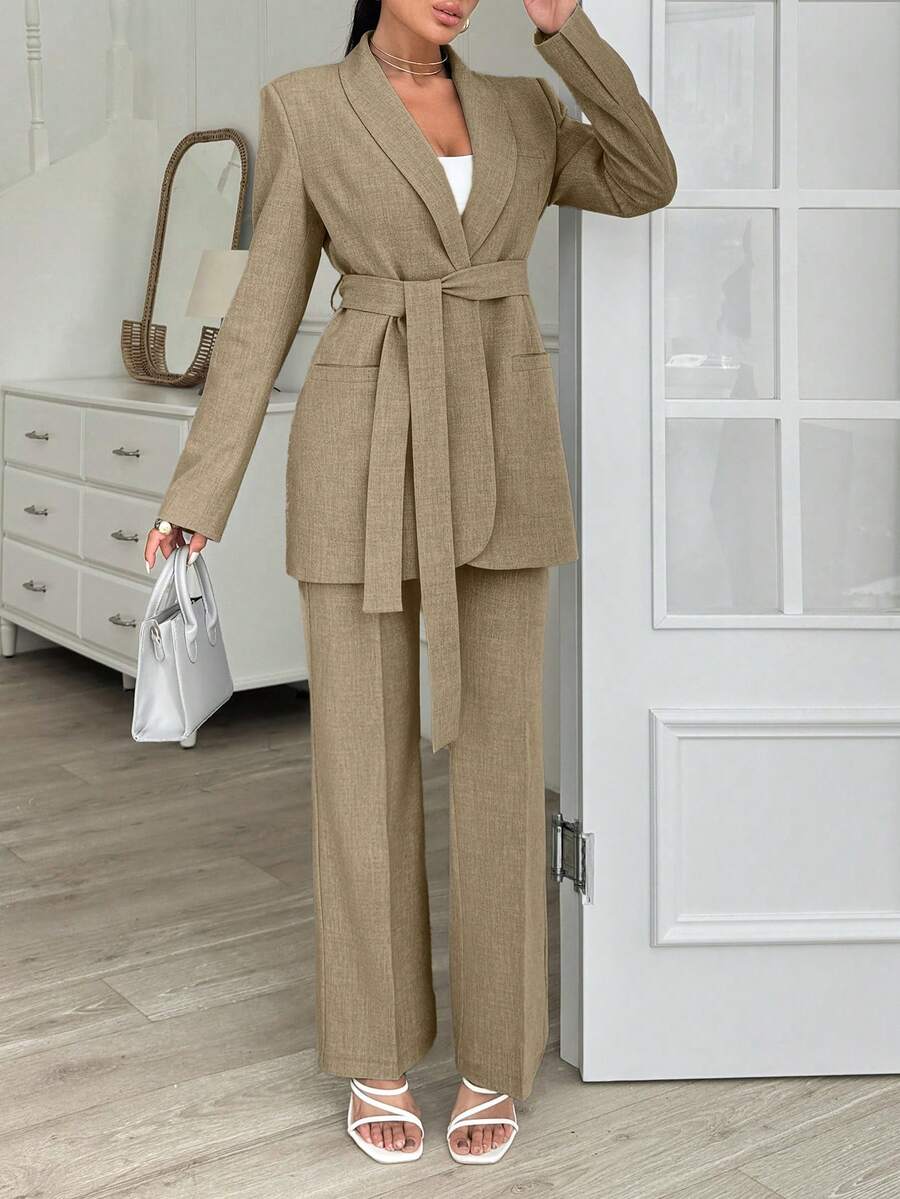 EURMUSE Grey Long Jacket And Straight Pant Two Pieces - Champagne - View 1