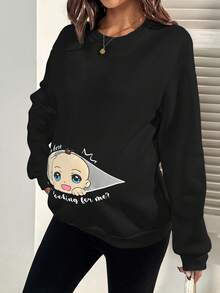 SHEIN Áo nỉ cổ tròn in họa tiết cho bà bầu cỡ lớn - màu đen - Xem 7