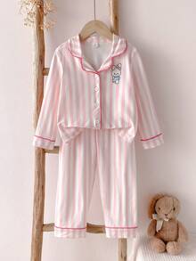 2件套 女童时尚可爱粉色条纹兔子印花甜美温柔翻领开衫长袖睡衣套装 - 粉色 - 查看 6